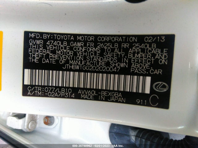 2013 LEXUS ES 300H HYBRID VIN: JTHBW1GG2D2020047