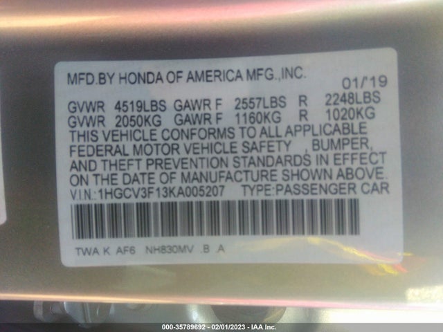 2019 Honda Accord, VIN: 1HGCV3F13KA005207