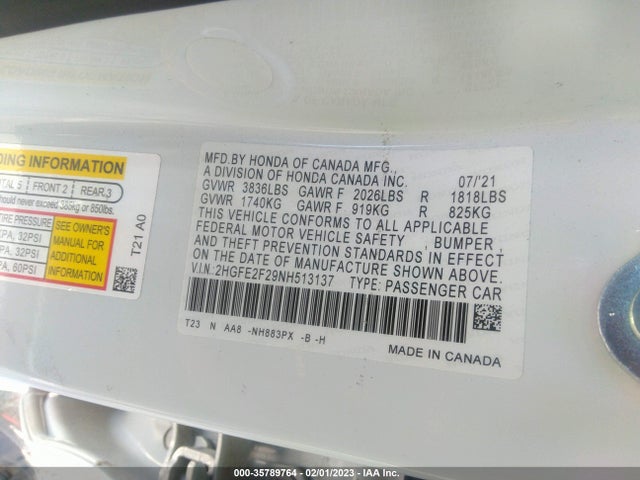 Honda Civic Sedan Lx 2022 2HGFE2F29NH513137 Image 10