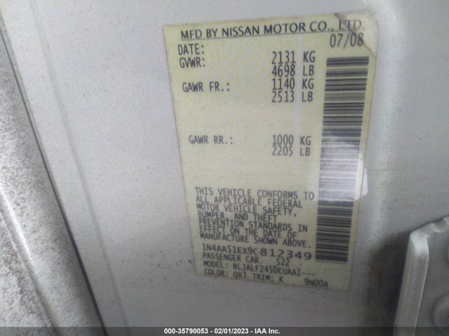 2009 NISSAN MAXIMA 3.5 SV W/SPORT PKG VIN: 1N4AA51EX9C812349