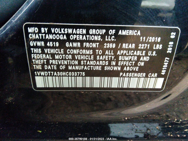 1VWDT7A30HC033775 Volkswagen Passat R-line W/comfort Pkg