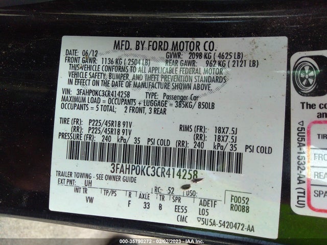 2012 FORD FUSION SPORT VIN: 3FAHP0KC3CR414258