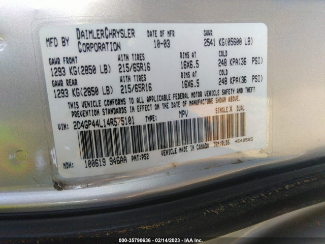2004 DODGE GRAND CARAVAN SXT VIN: 2D4GP44L14R575101