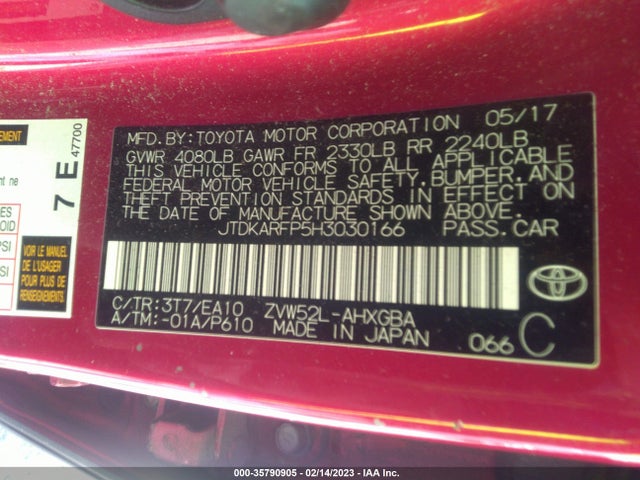 2017 Toyota Prius, VIN: JTDKARFP5H3030166