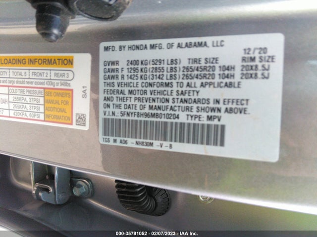 2021 HONDA PASSPORT TOURING VIN: 5FNYF8H96MB010204