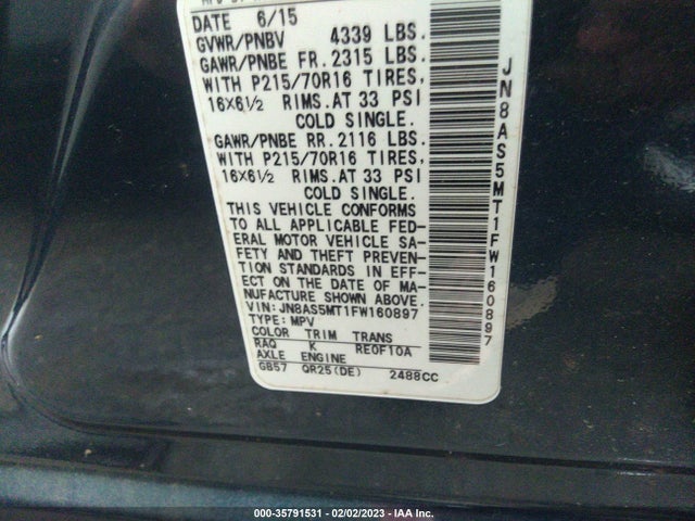 2015 NISSAN ROGUE SELECT S VIN: JN8AS5MT1FW160897