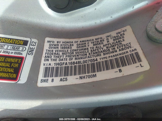 Aukcja sprzedaży 2008 Honda Civic Sdn Ex, vin: 1HGFA16848L007054, numer aukcji: 35791599