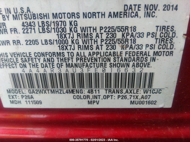 4A4AR3AU3FE016632 Mitsubishi Outlander Sport Es