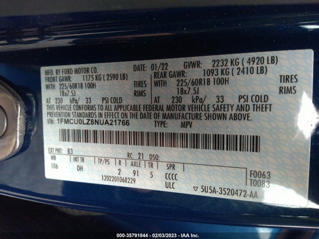 2022 Ford Escape, VIN: 1FMCU0LZ8NUA21766