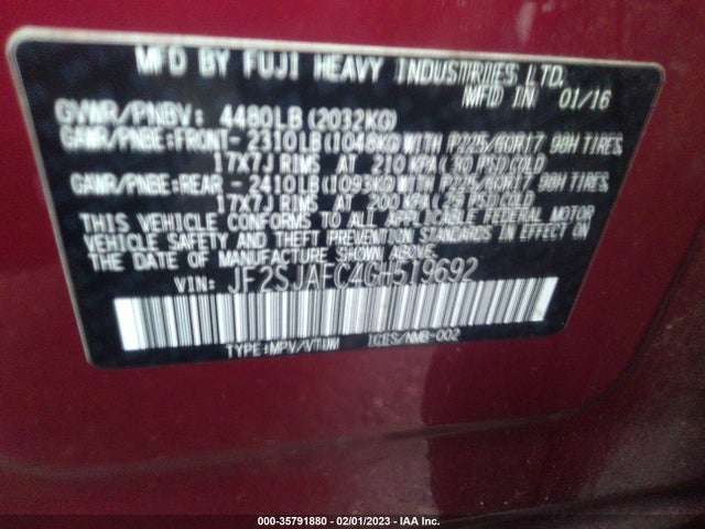 2016 Subaru Forester, VIN: JF2SJAFC4GH519692