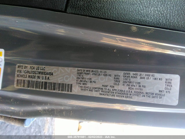 2021 Jeep Wrangler, VIN: 1C4HJXDG7MW834494