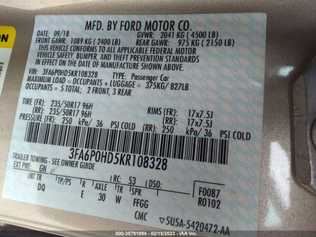 3FA6P0HD5KR108328 Ford FUSION SE