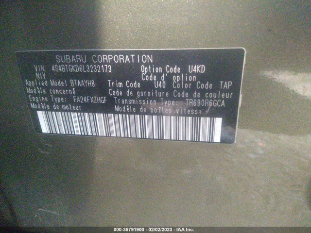 Subaru Outback Onyx Edition Xt 2020 4S4BTGKD6L3232173 Image 10