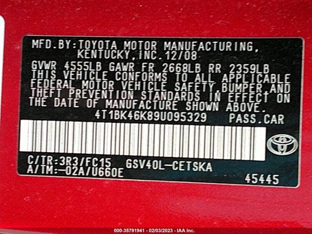 2009 TOYOTA CAMRY LE/SE/XLE VIN: 4T1BK46K89U095329