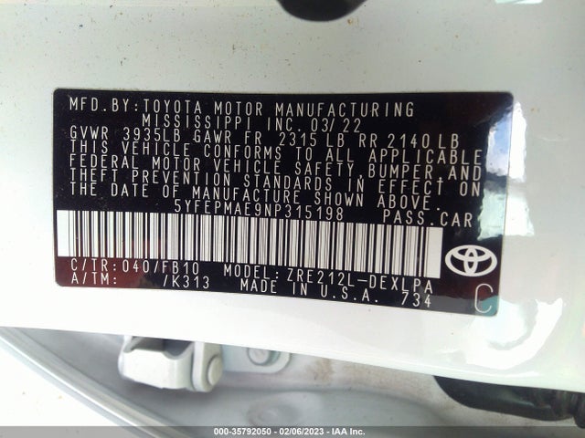 2022 Toyota Corolla, VIN: 5YFEPMAE9NP315198