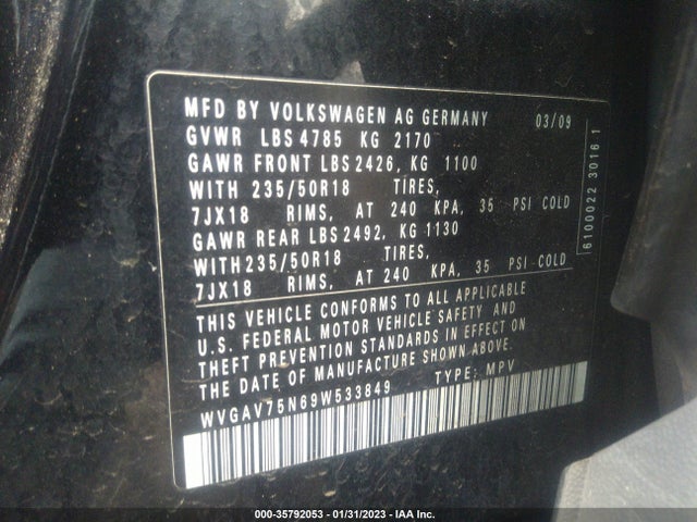 2009 VOLKSWAGEN TIGUAN SEL VIN: WVGAV75N69W533849