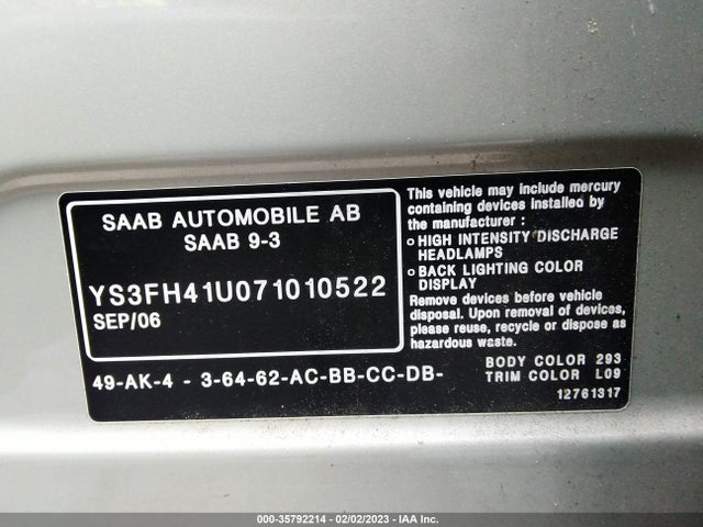 2007 SAAB 9-3 AERO VIN: YS3FH41U071010522