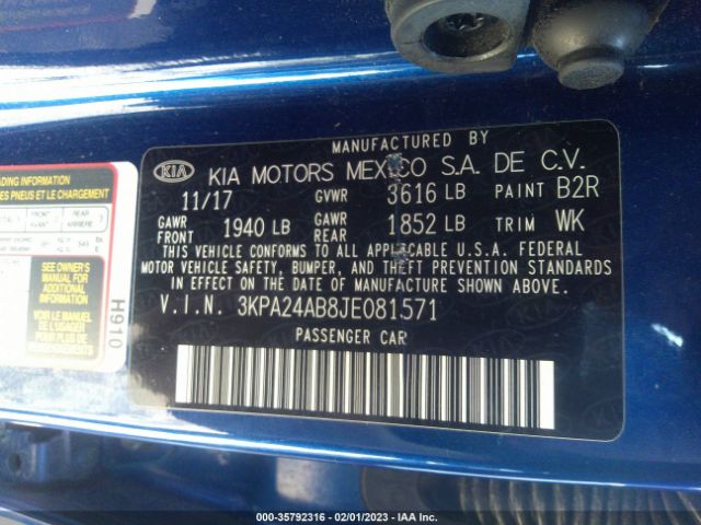 3KPA24AB8JE081571 KIA RIO S