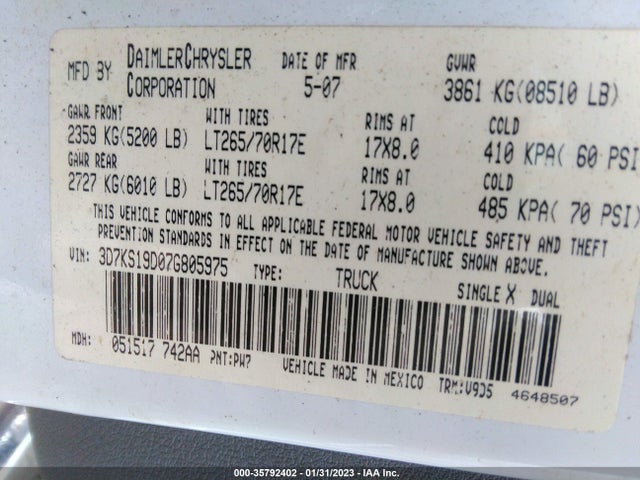 2007 DODGE RAM 1500 SLT VIN: 3D7KS19D07G805975
