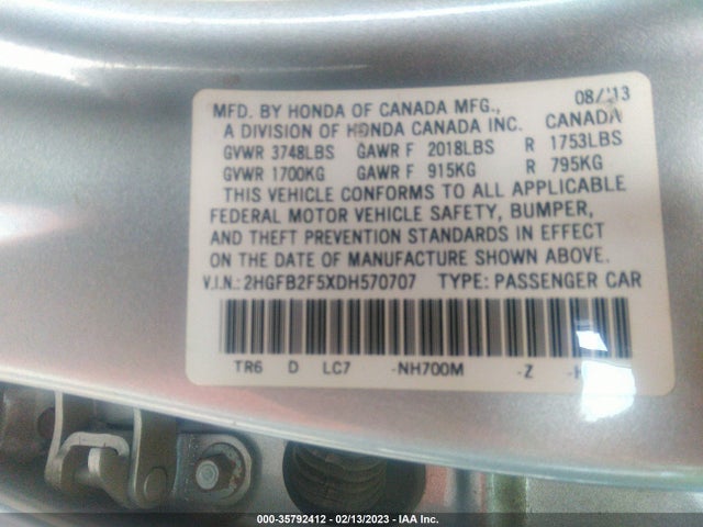 2013 HONDA CIVIC SDN LX VIN: 2HGFB2F5XDH570707