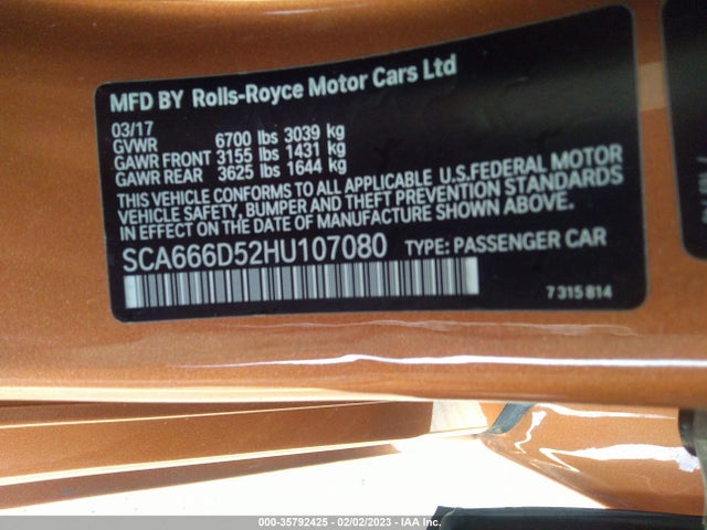 2017 Rolls-Royce Dawn, VIN: SCA666D52HU107080