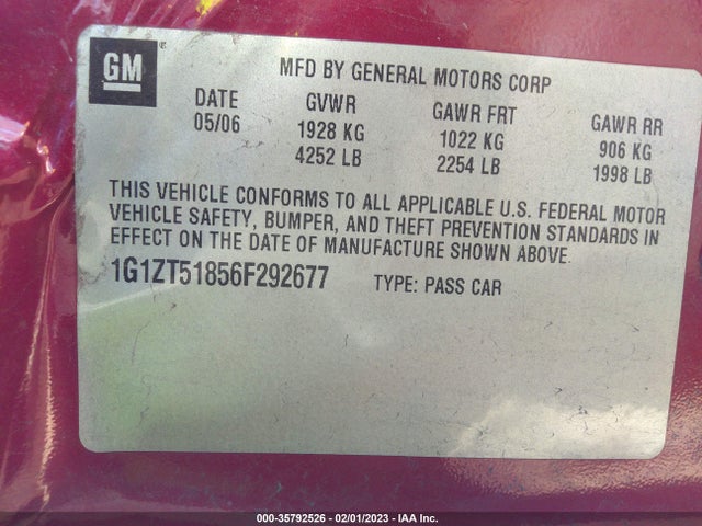2006 CHEVROLET MALIBU LT W/2LT VIN: 1G1ZT51856F292677
