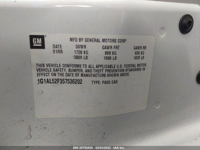 2005 CHEVROLET COBALT LS VIN: 1G1AL52F357536202