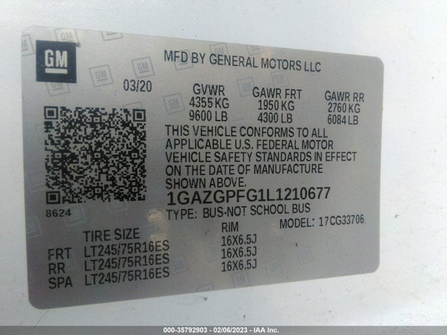 2020 Chevrolet Express, VIN: 1GAZGPFG1L1210677