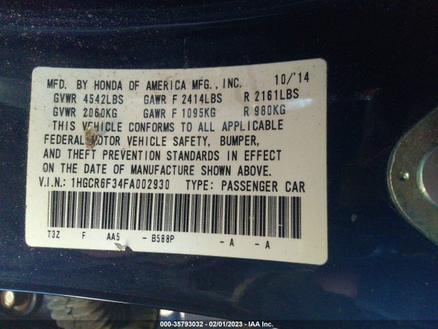 2015 Honda Accord, VIN: 1HGCR6F34FA002930