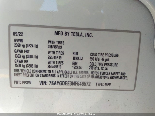 2022 Tesla Model Y, VIN: 7SAYGDEE3NF546572
