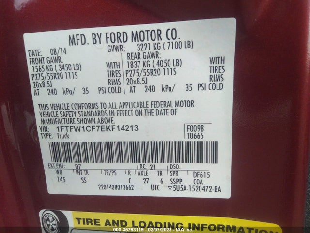 2014 FORD F-150 XL/STX/XLT/FX2/LARIAT VIN: 1FTFW1CF7EKF14213