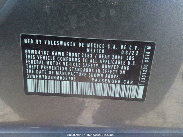 2022 Volkswagen Jetta, VIN: 3VWEM7BU6NM008706