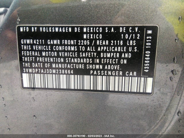 2013 VOLKSWAGEN JETTA SEDAN SE W/CONVENIENCE VIN: 3VWDP7AJ3DM238664