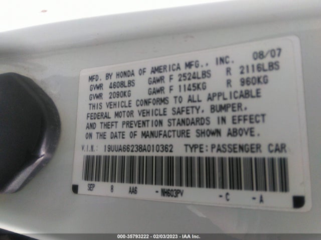 2008 ACURA TL VIN: 19UUA66238A010362