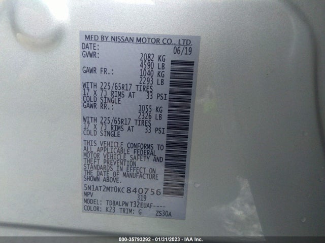 2019 NISSAN ROGUE S VIN: 5N1AT2MT0KC840756