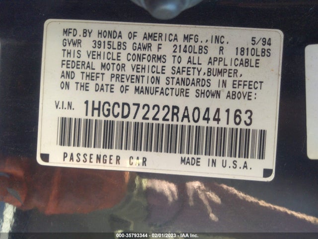1994 HONDA ACCORD DX VIN: 1HGCD7222RA044163
