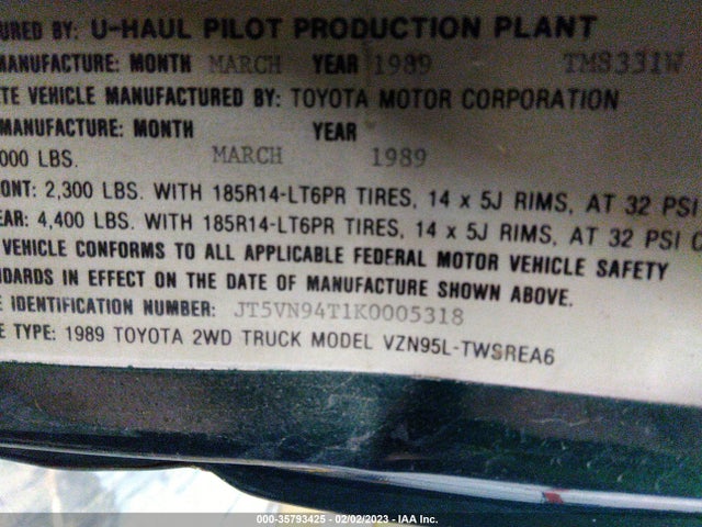1989 TOYOTA PICKUP CAB CHASSIS SUPER LONG WB VIN: JT5VN94T1K0005318