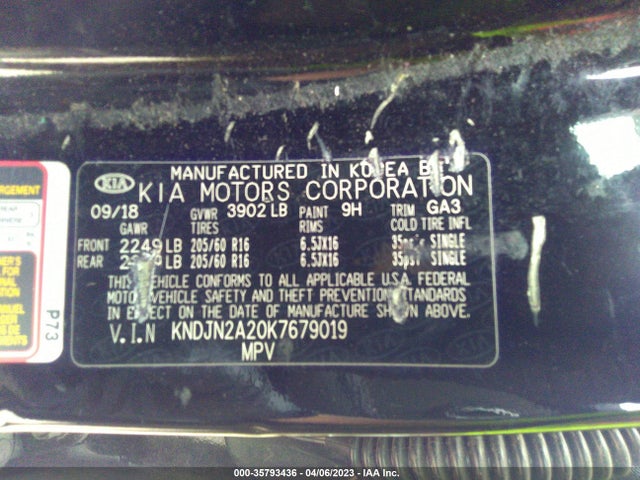 2019 KIA SOUL BASE VIN: KNDJN2A20K7679019