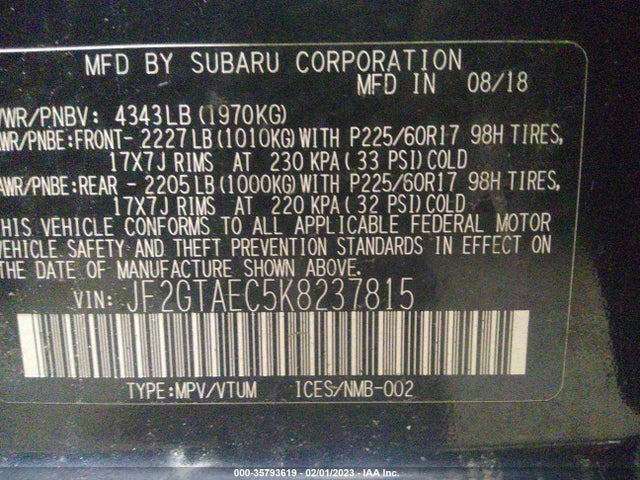 2019 SUBARU CROSSTREK PREMIUM VIN: JF2GTAEC5K8237815