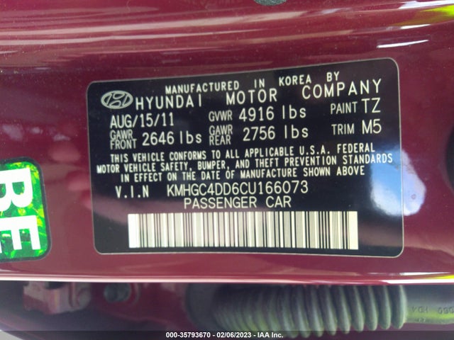 2012 HYUNDAI GENESIS 3.8L VIN: KMHGC4DD6CU166073