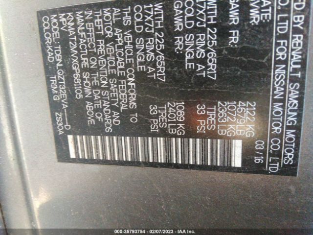 KNMAT2MVXGP681105 Nissan ROGUE SV