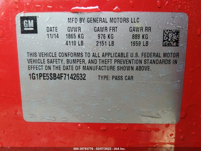2015 Chevrolet Cruze, VIN: 1G1PE5SB4F7142632