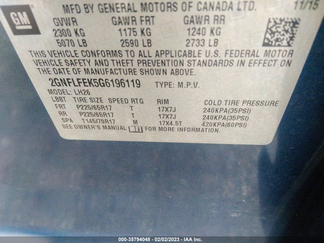 Chevrolet EQUINOX LT 2016 2GNFLFEK5G6196119 Image 9
