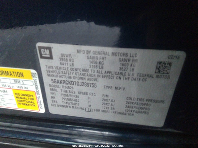 2016 Buick Enclave, VIN: 5GAKRCKD7GJ289755