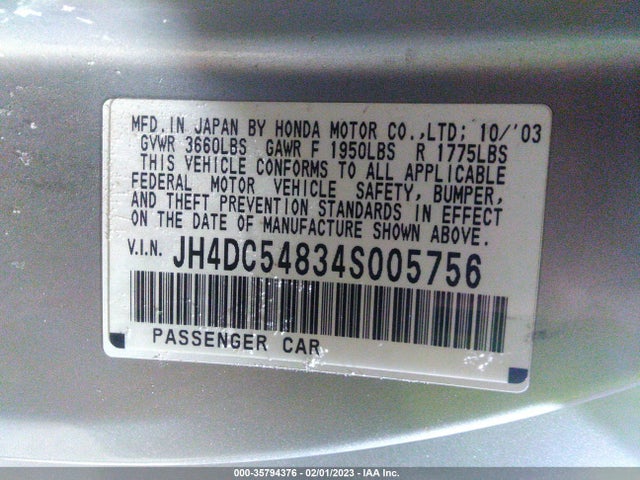 2004 ACURA RSX VIN: JH4DC54834S005756