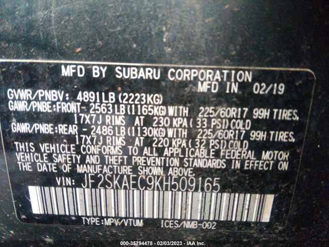 Subaru Forester Premium 2019 JF2SKAEC9KH509165 Image 10