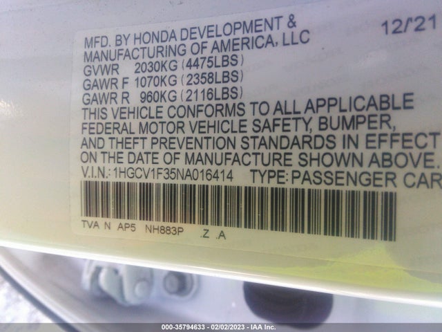 Honda ACCORD SEDAN 2022 1HGCV1F35NA016414 Image 10