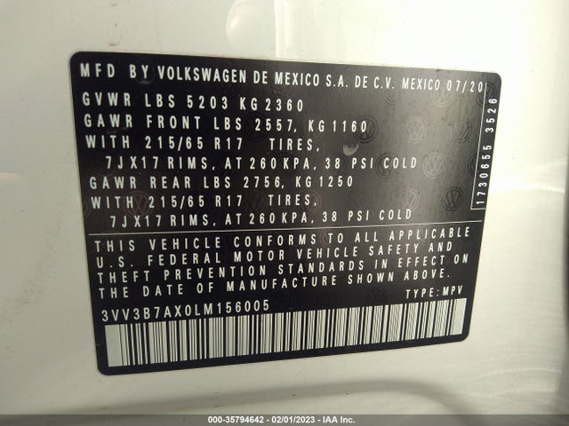 3VV3B7AX0LM156005 Volkswagen Tiguan Se/sel/se R-line Black
