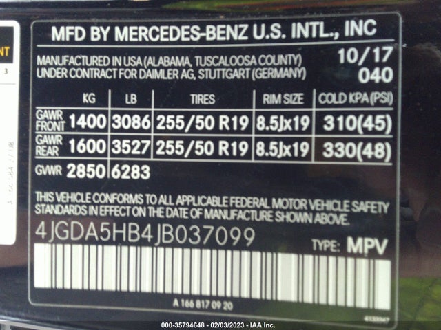 2018 Mercedes-Benz GLE-Class, VIN: 4JGDA5HB4JB037099
