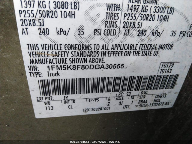 35794653 :رقم المزاد ، 1FM5K8F80DGA30555 vin ، 2013 Ford Explorer Limited مزاد بيع
